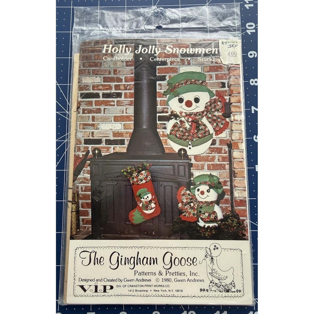 Vtg Gingham Goose Pattern Holly Jolly Snowmen-Cardholder, Centerpiece, Stocking